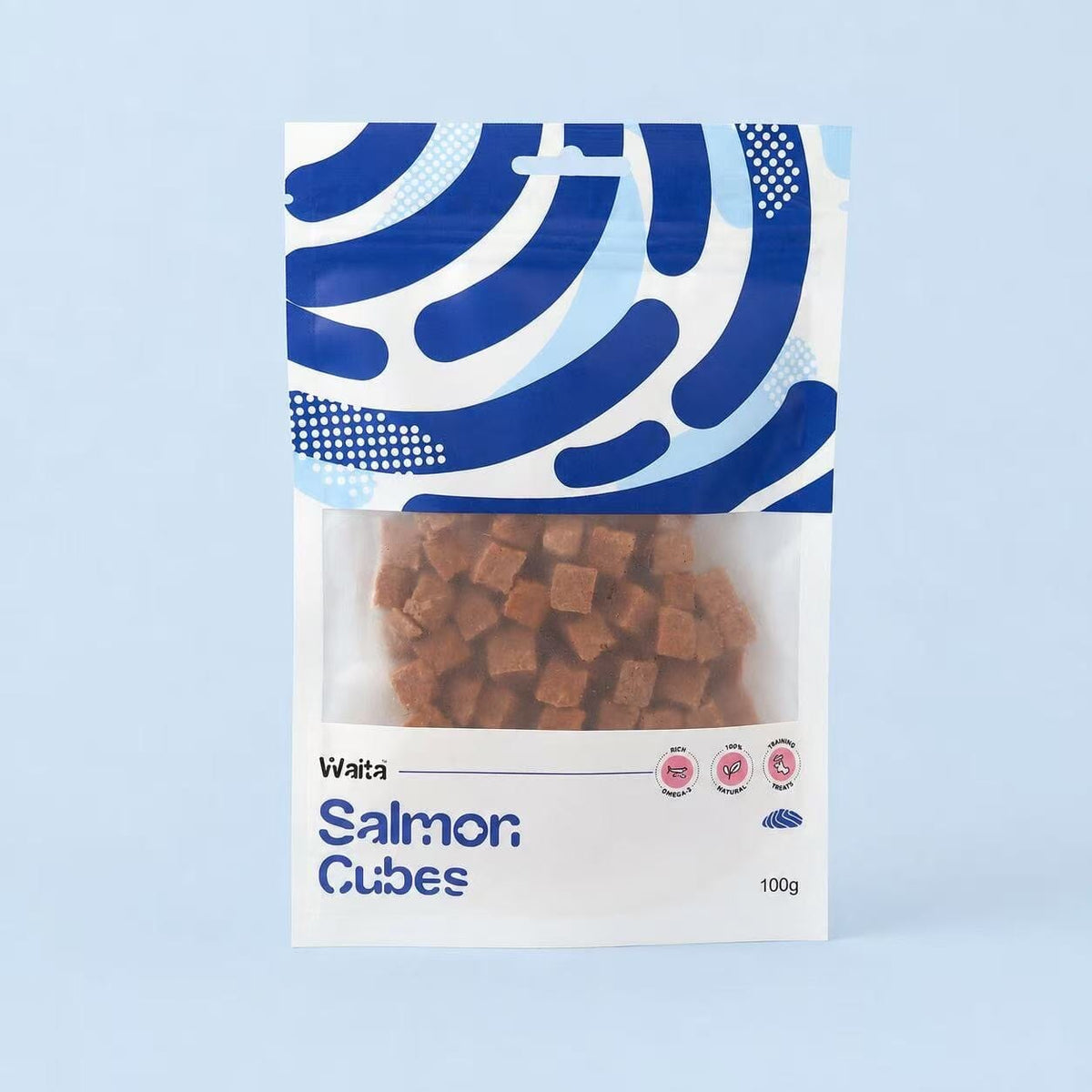 Waita Air Dried Salmon Cubes 100g pouch, front view