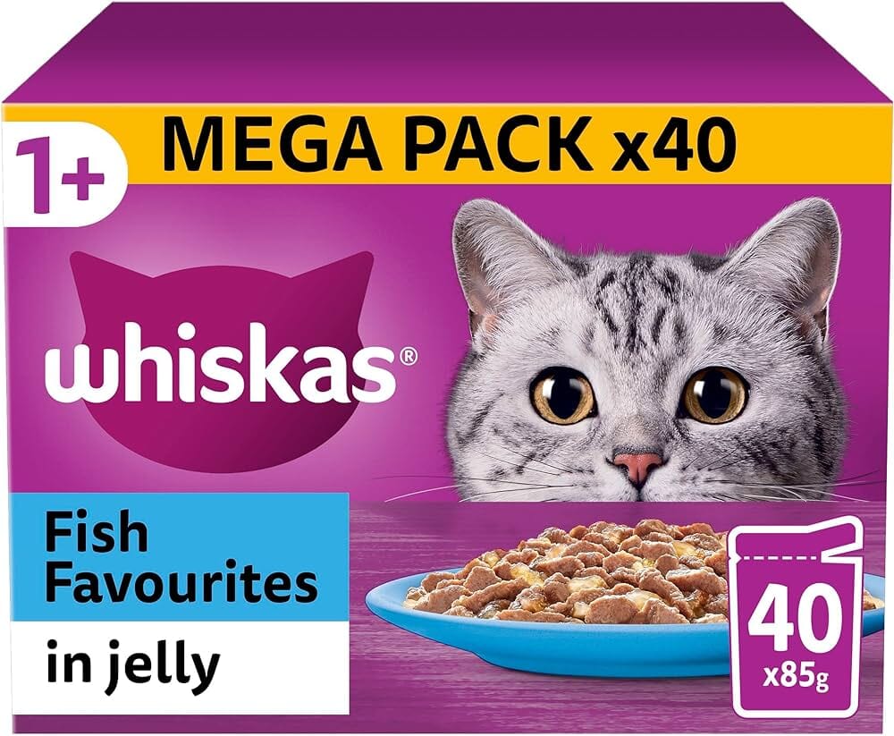 Whiskas Wet 1+ Adult Cat Food Fish Favourites in Jelly 40x85g Pouches Wet Cat Food Whiskas