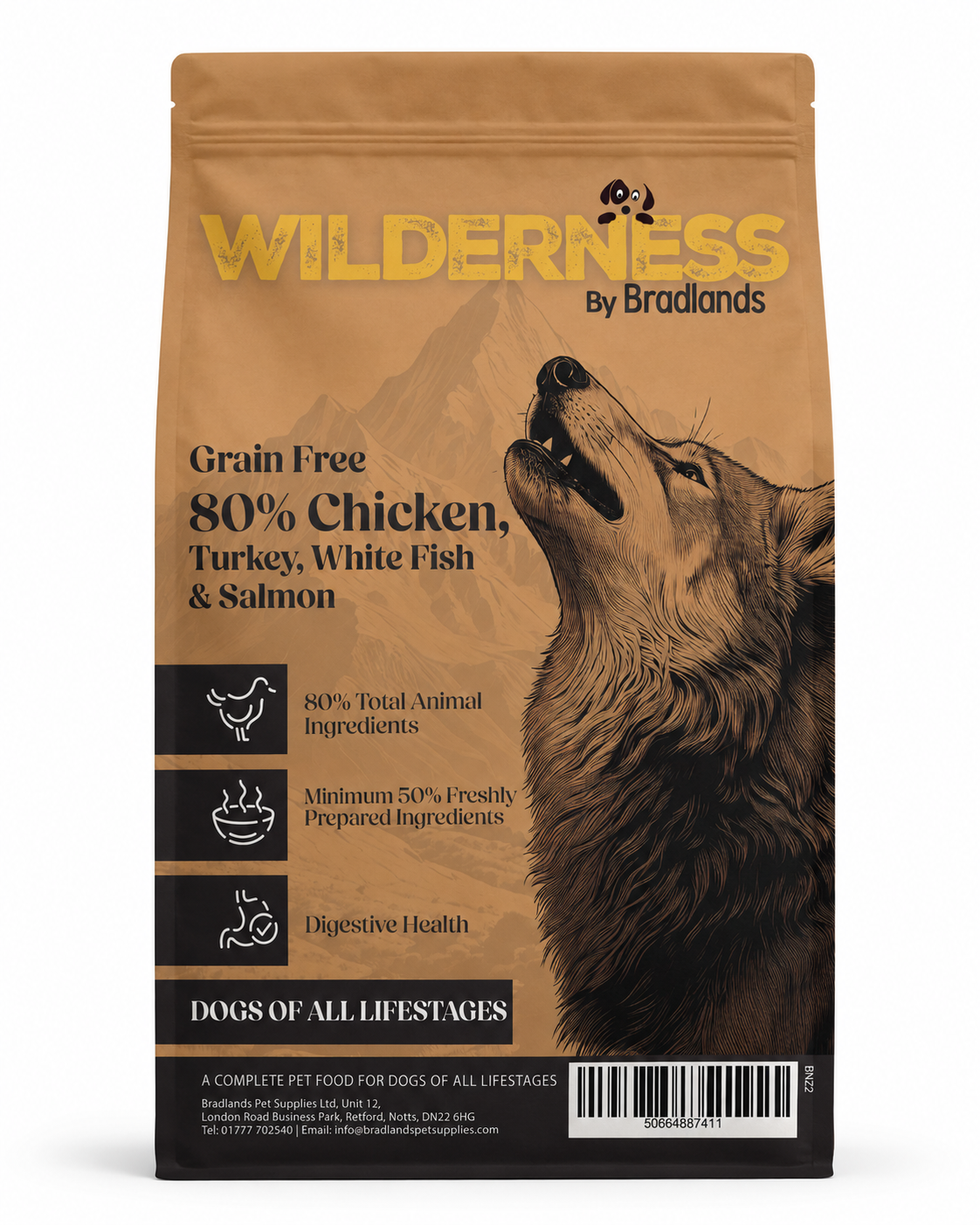 Bradlands Wilderness 80% Chicken, Turkey, White Fish & Salmon Grain Free Dog Food 13.5kg