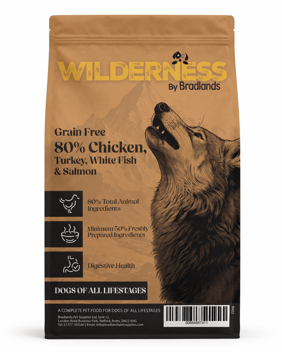 Bradlands Wilderness 80% Chicken, Turkey, White Fish & Salmon Grain Free Dog Food 13.5kg Bradlands