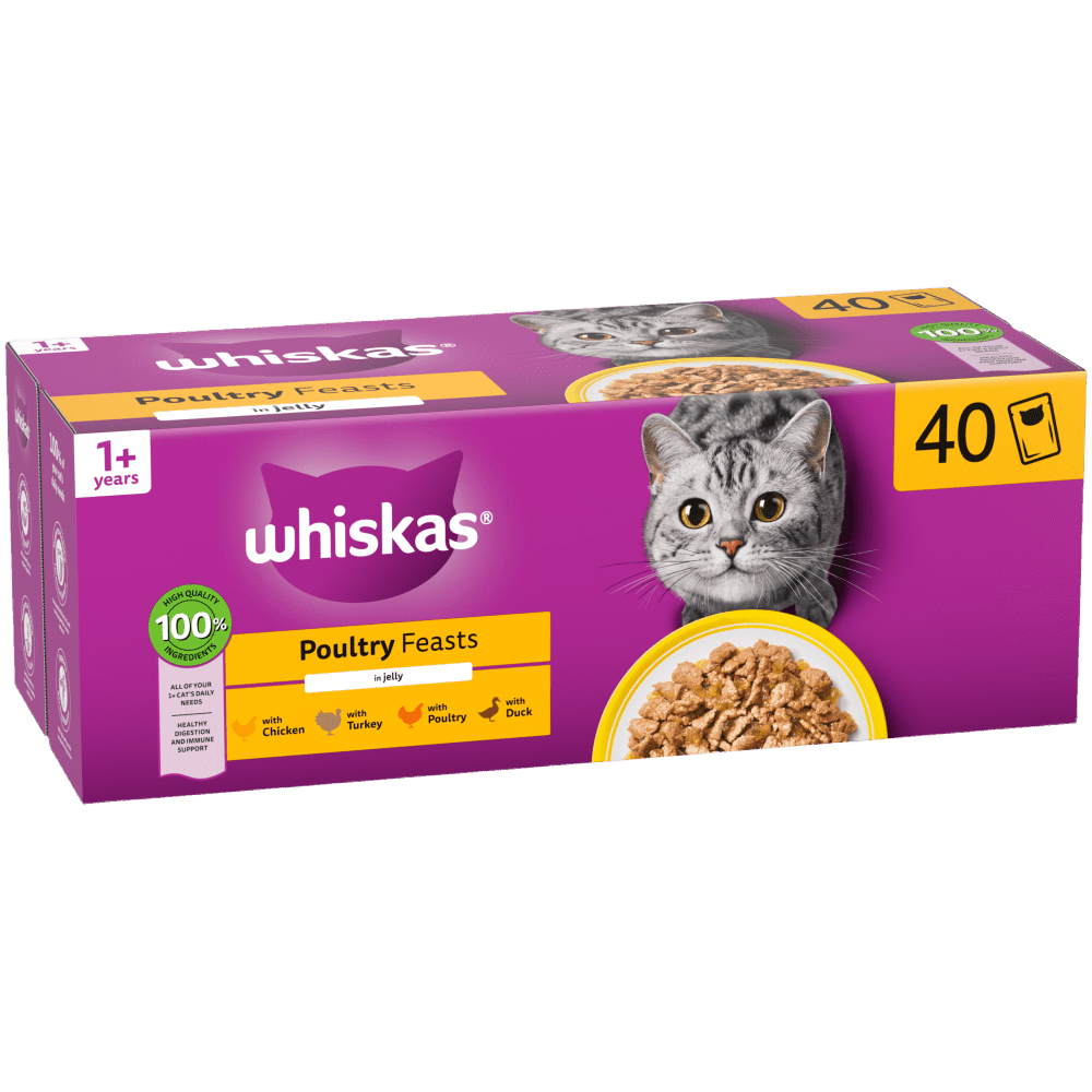 Whiskas Wet 1+ Adult Cat Food Poultry Feasts in Jelly 40x85g Pouches Wet Cat Food Whiskas