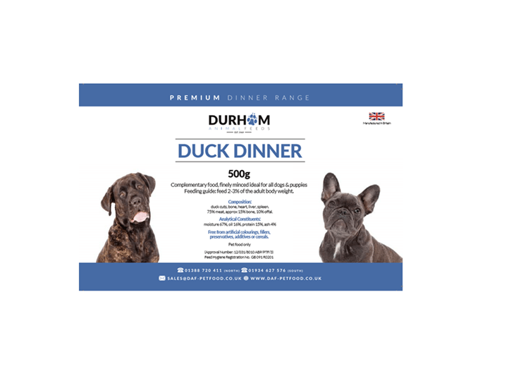 DAF Duck Dinner 80:10:10 500g Raw Dog Food Durham Animal Feeds