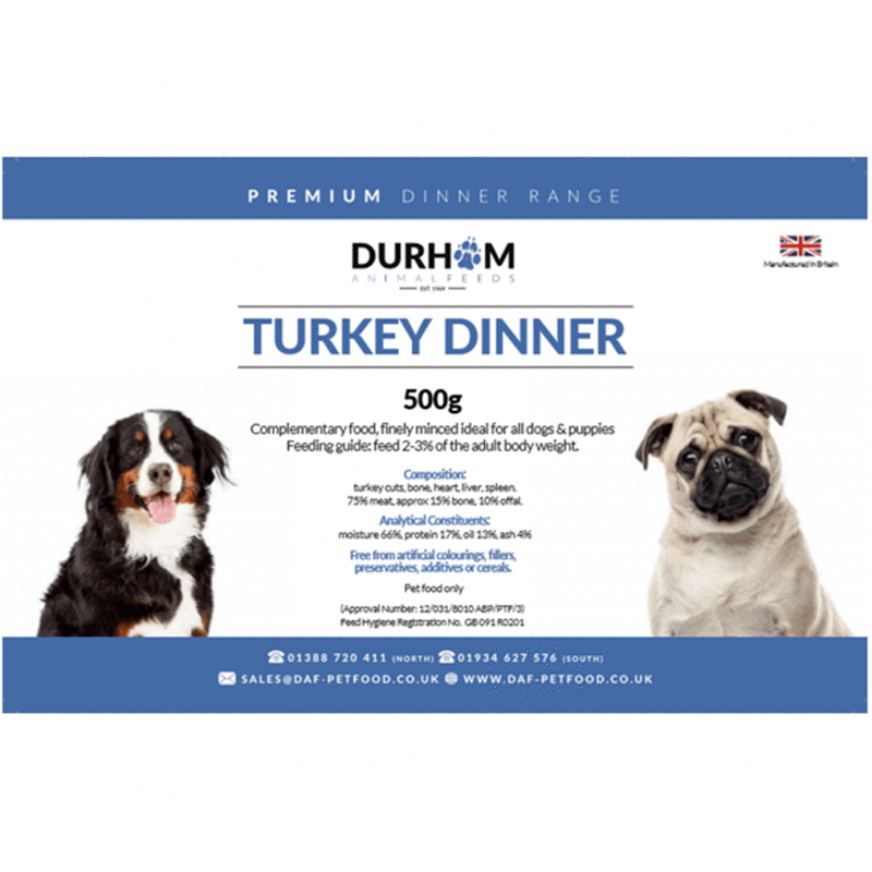 DAF Premium Turkey Dinner 500g Raw Dog Food Durham Animal Feeds