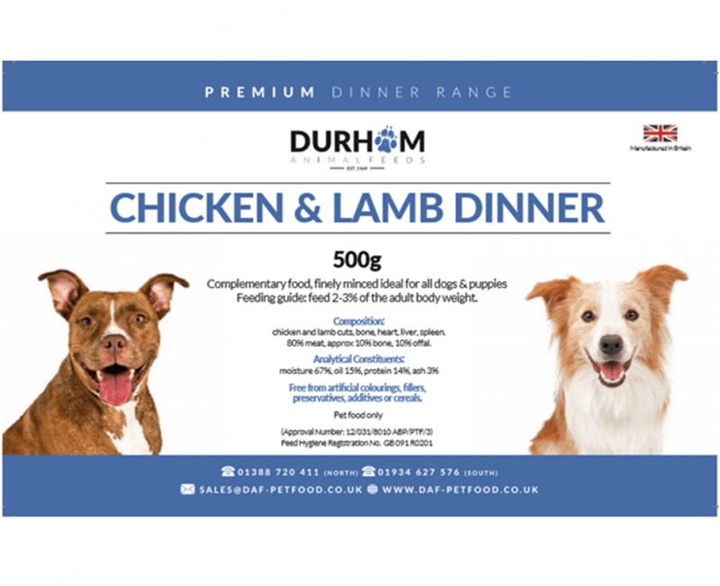 DAF Chicken & Lamb Dinner 500g Raw Dog Food Durham Animal Feeds