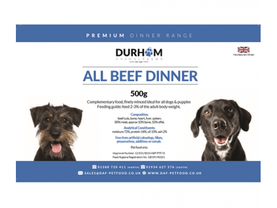 DAF Beef Dinner 80:10:10 500g Raw Dog Food Durham Animal Feeds
