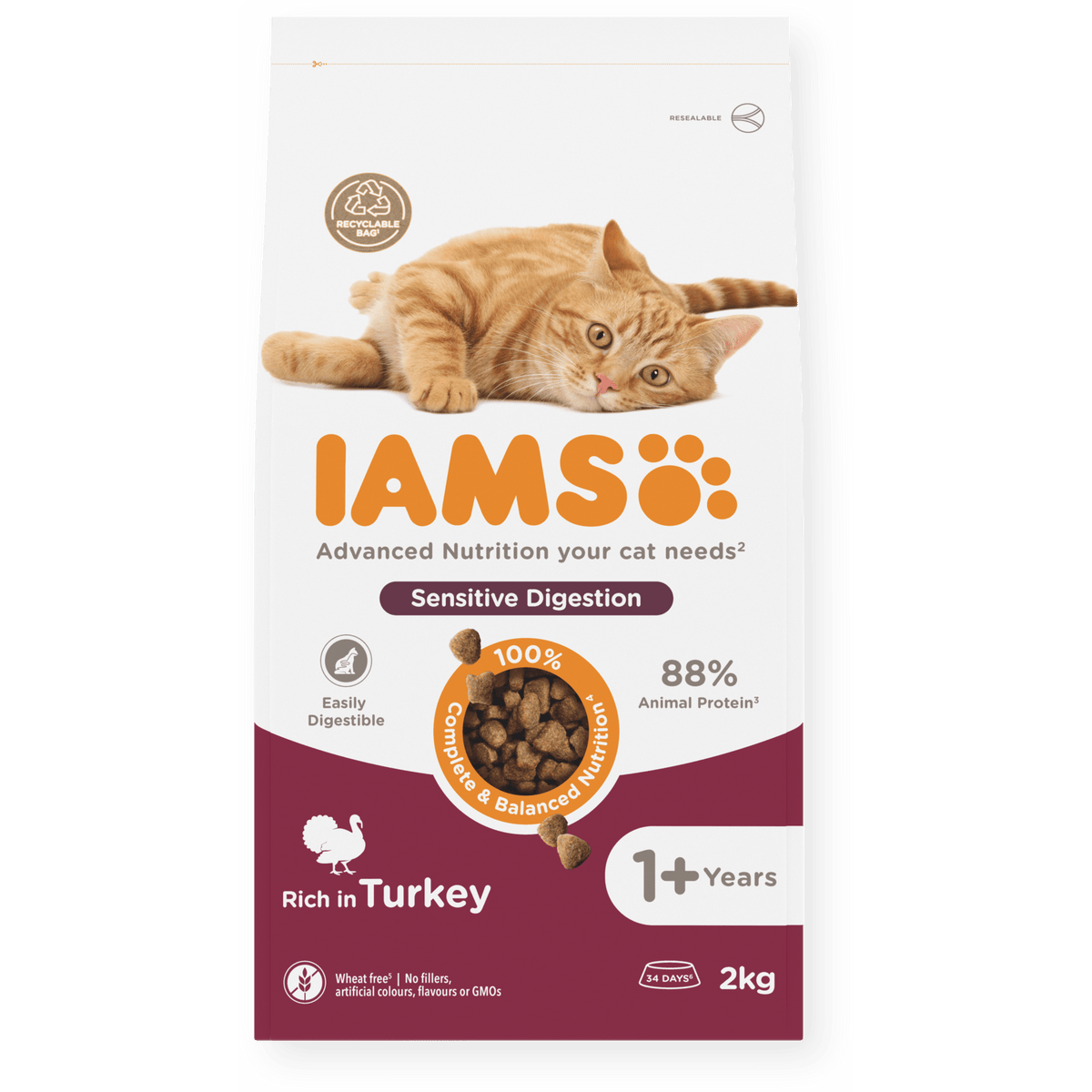 IAMS Sensitive Digestion Turkey Dry Cat Food 2kg Dry Cat Food Iams 