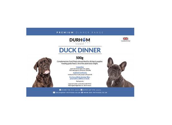 DAF Duck Dinner 80:10:10 500g Raw Dog Food Durham Animal Feeds 