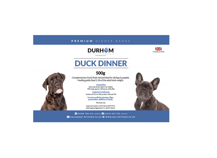 DAF Duck Dinner 80:10:10 500g Raw Dog Food Durham Animal Feeds 