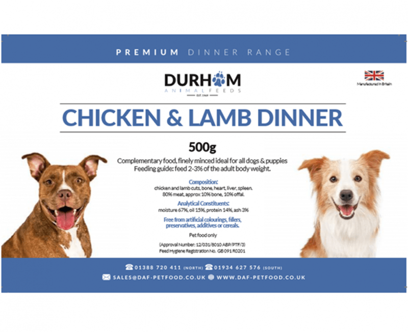 DAF Chicken & Lamb Dinner 500g Raw Dog Food Durham Animal Feeds 