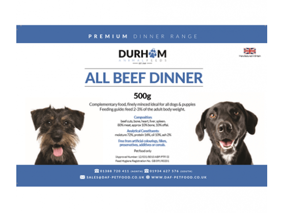 DAF Beef Dinner 80:10:10 500g Raw Dog Food Durham Animal Feeds 